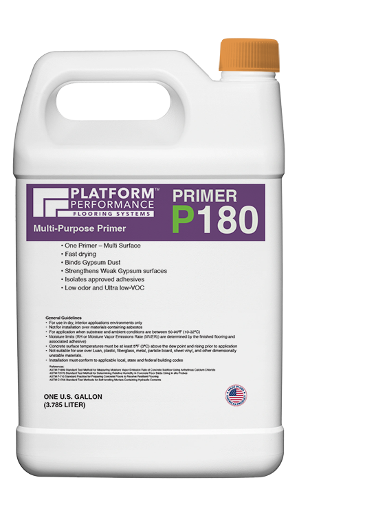 Platform P180 multi-purpose primer for multi-family renovations to strengthen gypsum and bond to wood, concrete, and adhesive residue